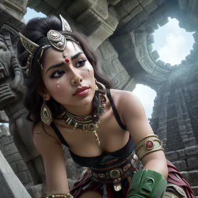 underwater, paint splash, Night Vision, Photorealistic, Very detailed, deep depth of field, ultra-high resolution, Overexposure, Parallax, Wide Angle, Zoom blur, Soft focus, time-lapse, panorama, motion blur, Very bright light with morning ground fog, A young, stunning, wild, seductive, flirtatious, slender Aztec warrior woman with a highly detailed face and war paint. She wears short Aztec warrior clothing and Aztec jewelry. She is performing in a ancient Aztec temple in the Mexican jungle. She is dancing and posing randomly, ((She is praying to a statue of an Aztec god)), She have flat small breasts, natural soft shining skin, soft face and body, She plays romantically with her hair, (She is looking in any direction), (((worm's-eye view))), closeup, *She is lying down*