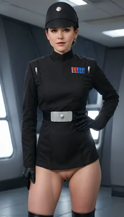35 years old milf lady, Very attractive, short slicked hairstyle, Imperial, officer, wearing, a, (black), uniform with imperial officer hat, short tunic that makes her genitals visible, nude genitals, ((no pants on)), ((naked visible genitals)), dark spaceship background, skirtlift, <lora:Imperial Officer:.8>, <lora:skirtlift_xl:.3> 35 years old milf lady, Very attractive, short slicked hairstyle, Imperial, officer, wearing, a, (black), uniform with imperial officer hat, short tunic that makes her genitals visible, nude genitals, ((no pants on)), ((naked visible genitals)), dark spaceship background, skirtlift, <lora:Imperial Officer:.8>, <lora:skirtlift_xl:.3>