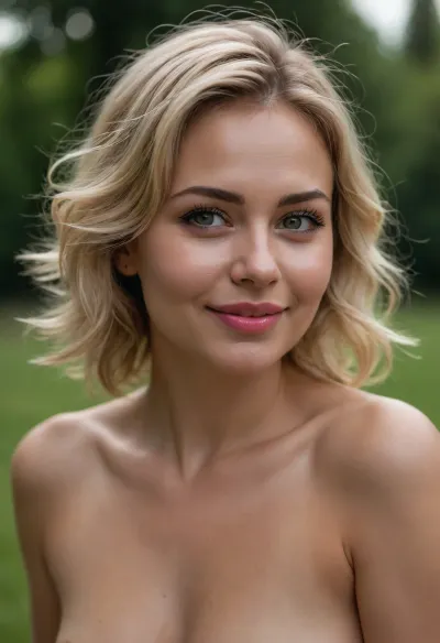 A professional nude photo portrait of a 39yo Russian woman, in a summer park. The woman is beautiful, graceful, short, chubby, with charming gray eyes, long eyelashes, puffy cheeks and sexy pink lips. She is romantic and obviously in love with the photographer, so she smiles subtly, and her eyes glow with happiness. Her skin is oiled. Her hairstyle is short and messy blonde hair.
BREAK
Helios lens, realistic, masterpiece, sharp details.