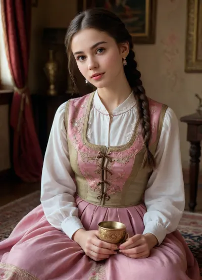 (masterpiece, best quality, photorealistic, ultra-detailed), 1girl, Aisylu Sharafieva, 19 y.o., Tatar, light olive glowing skin, brown almond-shaped eyes, glossy black hair in braid over shoulder, soft symmetrical face with pink lips, fitted embroidered tunic snugly outlining her chest, vest open slightly at collar revealing collarbones, wide skirt drawn close to legs with subtle drape, seated on knees on rug next to brass samovar, one hand on lap, the other holding small porcelain cup, faint smile and gentle blush, warm glow from carved wooden window, rich colors from tapestry reflecting on her form, cinematic lighting, <lora:add-detail-xl:1.2>