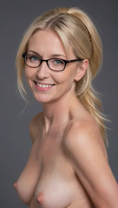 60 year old woman stood in a, (photography studio:1.6), sagging, drooping, saggy tits, (smile:1.3), (upper body shot), (imperfect skin:1.8), (blonde straight hair:1.3), (short:1.3), (hairy pussy:1.3), (cellulite:1.3), wide hips, ponytail, glasses, blue eyes