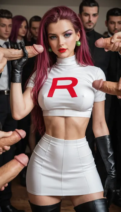 1girl, (Hiperrealistic style), amateur 8k photo, luxurious bedroom black theme, (Pokémon’s Team Rocket Jessie), (Pokémon’s Jessie Team Rocket outfit:1), (hiper detailed body), (25yo), (tall), (slim and fit figure), (narrow waist), (defined hips), (long toned legs), (firm butt), (moderate natural bust), (elegant, confident posture), (smooth fair skin), (toned but feminine physique), (very long magenta hair styled in a high side-swept coil), (large blue eyes), (soft purple eyeshadow), (red lipstick), (white crop top with a red “R” emblem), (white fitted miniskirt), (thigh-high black boots), (black satin opera gloves), surrounded by 6men, she’s doing handjob with one hand and pulling her skirt down with other hand.