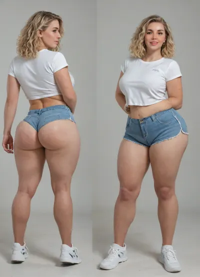 slutty blonde white women, luscious lips, wide hips thick thighs, happy, sweaty, very pale, blushing, sneakers, short running shorts, wide collar small shirt, cellulite, blonde, "BBC only" shirt, multiple angles, fat ass