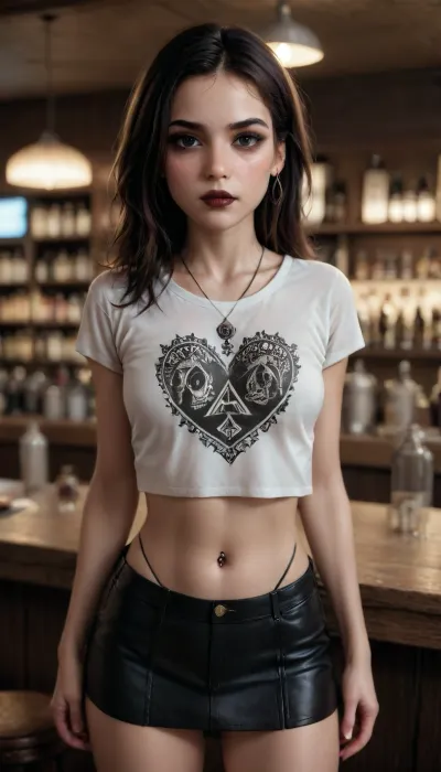 score_9_up, score_8_up, score_7_up, score_6_up, cinematic lighting, high quality, 4k resolution, absurdres, masterpiece, dynamic lighting, raw, A 1girl, goth, (pale skin), dark black eyes, (black hair), bangs, black eyeliner, (black lipstick), white skin, black necklace, pierced belly button, pierced nipple, crowded bar, tan lines, extremely small waist, small waist, wide hips, hourglass body, perfect ass, black high waisted thong, (Wabjer:1.5), queen of spades tattoo on ass, signature tight t-shirt, black short mini skirt with cutouts and thongs, good face detail, perfect face quality, best image quality, (good face detail, perfect face quality, best image quality, best quality, good image detail, body and face are very well detailed, realistic, 8k, high definition of the face, or well detailed, perfect image clarity, very good image clarity, best eye detail, best girl detail, soft light), <lora:3D XL:2>, <lora:detailed_notrigger:.7>