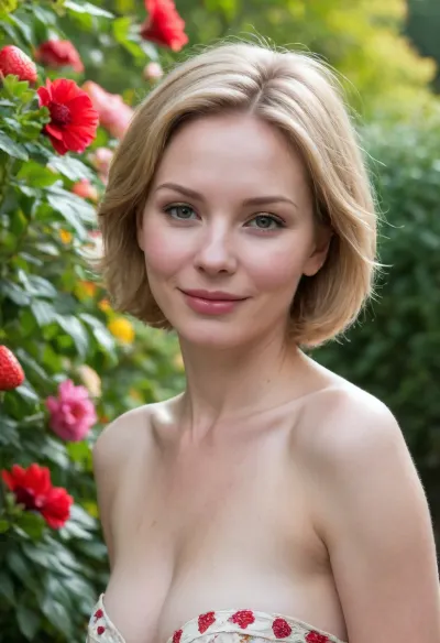 A professional romantic face of a beautiful adorable short 157cm tall chubby curvy 39 year old French woman in the blooming summer park. She has pale white skin, ((round face)), blushing cheeks, charming, ((gray eyes)), perky tits, thin eyebrows, happy smile, strawberry blonde hair, short messy hair, wet hair, ((bob haircut)), . She is wearing a white sundress with red flower pattern. She has, (oiled skin:2), . Helios lens, very detailed, shallow depth of field, flowers in the background, vivid colours, ultrarealistic, masterpiece, wild bokeh. Back view.