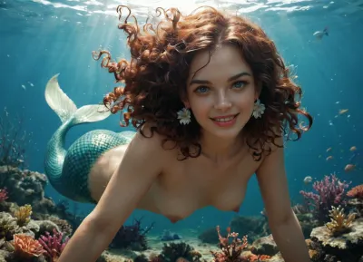 score_9, score_8_up, score_7_up, 1girl, fish, long_hair, solo, red_hair, mermaid, mermaid_tail, hair_ornament, blue_eyes, corals, bug, red_lips, nature, monster_girl, smile, looking_at_viewer, nude, underwater, breasts, flower, floating_hair, curly_hair, lips, medium_breasts, lipstick, sunlight, animal