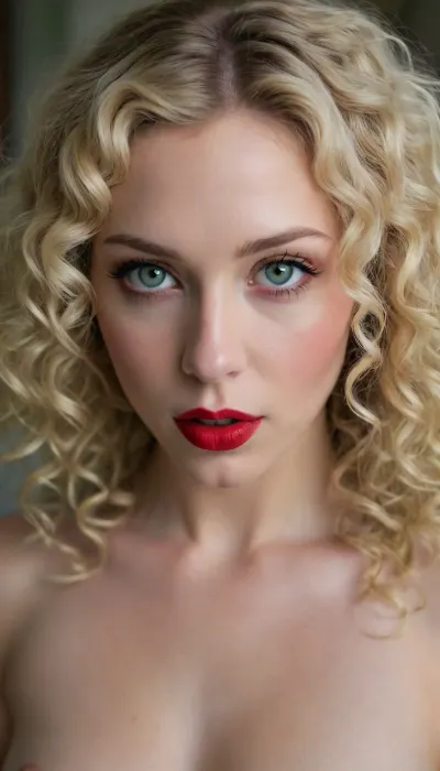 curly blonde hair, red lipstick, green eyes, pale white skin, naked