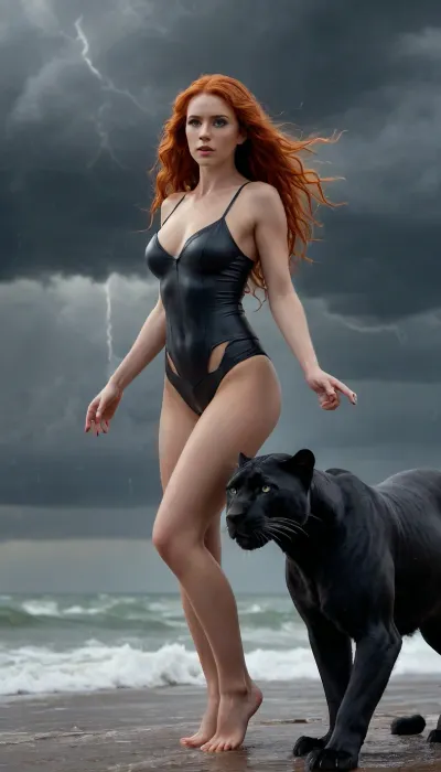 best quality, masterpiece, ultra high detail, bright colors, full body view, cute girl, redhead, long hair, wavy hair, slim figure, firm tits, sexy ass., (((A panther that moves silently within storms, its presence heralding thunder)))