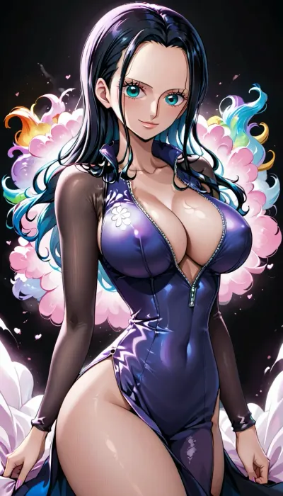 Nico Robin from One piece, black background, big boobs, sexy clothes