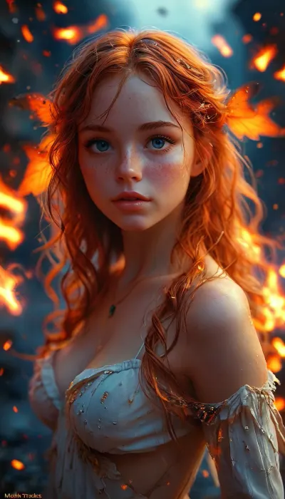 realistic, perfect body, perfect eyes, detailed eyes, detailed hairstyle, best quality, masterpiece, ultra high detail, extremely detailed, dynamic perspective, bright colors, atmospheric, (detailed smooth skin), full body view, cute girl, redhead, long hair, wavy hair, slim figure, firm tits, sexy ass., (((A moth with wings like burning embers, leading travelers astray with its glow))), novuschroma08, style, detailxl, <lora:novuschroma08 style:.8>, <lora:654321_training_data:.8>, <lora:add-detail-xl:.8>, <lora:MJ52:.8>, <lora:CinematicStyle_v1:.8>