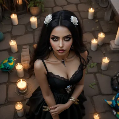 draw, Photorealistic, Very detailed, deep depth of field, ultra-high resolution, Sharpened, Parallax, Overexposure, Wide Angle, Paper Cutout, Dramatic dark night with long shadows, A young, stunning, wild, seductive, coquettish, slender, Mexican woman, She is wearing a La Muerta costume with La Muerta Makeup and is at a Mexican La Muerta festival, Mexican jewelry, She is performing an occult La Muerta ceremony in front of a old Mexican church in the Mexican desert with a skull, (She hold a scull), (sculls and candles stand on the floor), Candleslight, She have flat small breasts, natural soft shining skin, soft face and body, She plays romantically with her hair, (She is looking in any direction), (((Bird's-eye view))), (Face closeup)