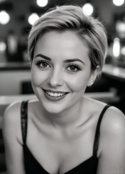 a close up portrait photo of 39 y.o woman, blonde, French, chubby, Sassy Undercut Pixie, pale skin, detailed skin, sitting, face closeup, 90s clothing, vintage coffee shop, chiaroscuro lighting, eye level, brown eyes, long natural eyelashes, smiling eyes, sexy smile, round cheeks, small mouth, thin pale lips, wrinkles, foxy smile, shot onlarge format, Agfa 400, ((black and white:2)), bokeh, no makeup, in style of Miles Aldridge, <lora:peopleneg:.5>