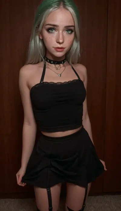 1 girl, 21 years, white hair, green eyes, freckles, iphone, mirror, selfie, holding, alt fashion, iPhone, alternative fashion, piercing, choker, long eyelashes, arrows on the eyes, cosmetics, mascara, short skirt, skirt lift, lift with one hand lifts the skirt, skirtlift, facial, cum, on, face, breasts, stomach, covered, in, perfect, <lora:alt_fashion_v2:1>, <lora:skirtlift_xl:.5>, <lora:Facials:.5>