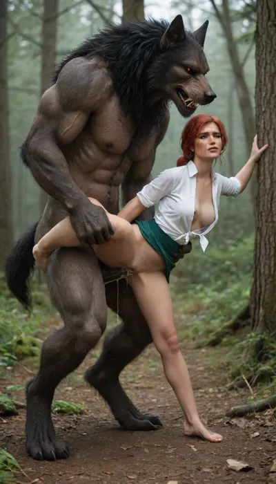 In a foggy forest, side view, full body view of female, (Triss Marigold from Witcher 3), wearing unbuttoned white shirt, green crotchless Pants, a werewolf is fucking her in doggy style position, on tiptoe, one knee raised, slim body, blushing, big flashing breasts, very sweaty, huge creampie, detailed bottom, massive werewolf cock in pussy, the werewolf holds Triss's arms twisted behind her back, the werewolf holds Triss's by her hair, fight and fuck, deep penetration, ((a werewolf cock sticks out between her legs))