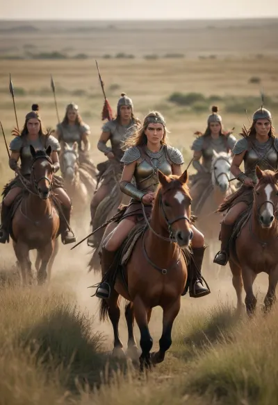 many warriors amazons armed with bows and arrows riding on a horse through the steppe full of tall grass