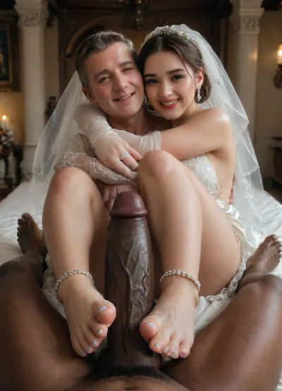 ((POV of a black man with large oily black penis footjob with the persian bride)), bbc, Anklet, white french nail polish, high quality nail, large black penis, interracial, (((The young iranian white cuckold man is hugging the bride and he is happy))), a Curvy Persian bride in a beautiful white slutty and cutout wedding dress on a luxurious bed, ((white cuckold groom in a suit gently hugging her)), (both looking at each other lovingly), soft candlelight and moonlight glowing in the room, rose petals scattered around, dreamy and intimate atmosphere, fantasy style, highly detailed, A romantic bedroom scene, cinematic lighting, romantic_couple_poses, green, eyes, blue, brown, perfecteyes, <lora:1365620_training_data:.5>, <lora:PerfectEyesXL:.5>, <lora:dAIversityUnderstandingXLRealistic:.8>, BadX