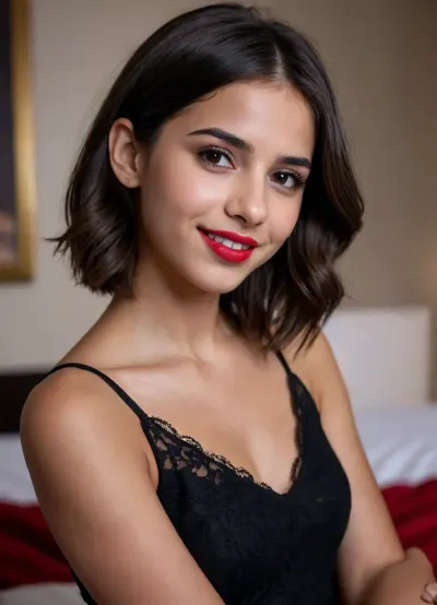 girl 18 year old, beautiful sexy skinny, posing in a short black dress, (very sexy horny), (smile:.2), bobcut, 3/4 view, bare legs, standing by her bed, lipstick, good hands, perfect fingers, red polish, flat, chested, <lora:flat_chested_v3.5:.8>