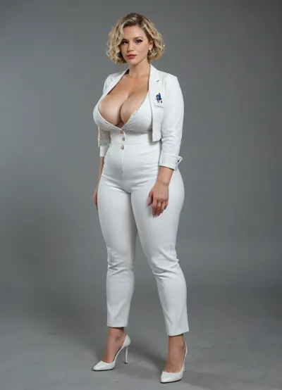 woman, fat, tall, white medical uniform, white pants, white jacket, high heels, big breasts, big buttocks, thin waist, big cleavage, blonde hair, short hairstyle