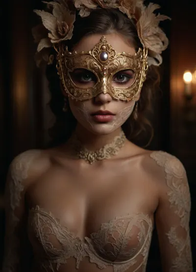 “High-fashion masquerade-themed shoot, model nude but covered with intricate lace mask and dramatic jewelry, low-key lighting, artistic nudity, allure of mystery, Rococo meets boudoir vibe”, <lora:detailed_notrigger:.8>