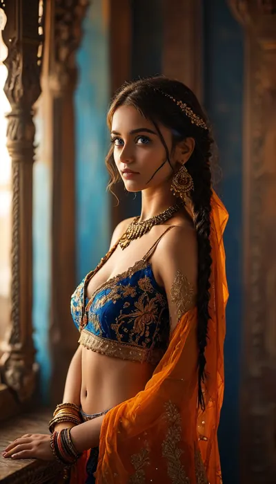 indian princess, 27 year old, (((front view, full body view))), dark brown hair, long hair, braids in hair, beeds in hair, flirty smile, (warm ambient light:.5), (shadows:1.4), RAW image, Canon EOS R3, DSLR photo, 8k, best quality, (realistic, photo-realistic:1), RAW photo, (intricate details), perfect eyes, (perfect face), perfect lighting, beautiful, (best quality:1.2), elegant girl, perfect hands, ((dark-blue and orange Indian choli unbuttoned, downblouse)), (slender body, bright blue eyes), (rich modern large ornate dance hall interior:1.1), small breasts, Indian, girl, <lora:MJ52:.9>, <lora:Indian girl:.1>