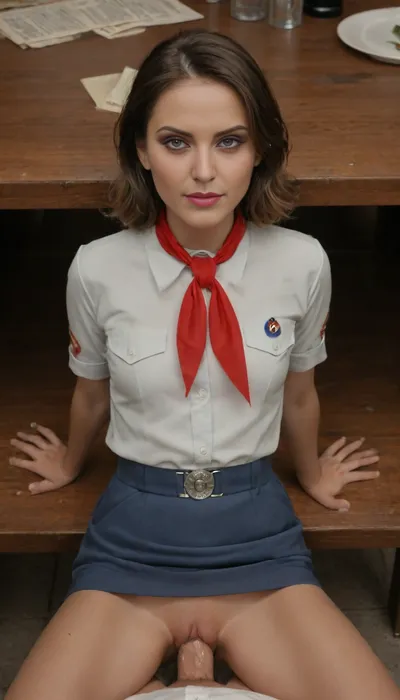 slut pov, slut jerking off under the table looking at his customer sitting across from him at the table, while she's being fucked from behind, cumshot, (smart skinny girl:1.2), looking at the camera, smart face, ((in soviet uniform)), no panties, videoconferencing, pionyrs, shirt, neckerchief, skirt, sash, badge, <lora:pionyrka:.8>