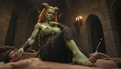 green skin, lay on the bed, double horn forhead, long braid hair, muscular body, large breast, busty ass, thorn armor, long skirt, dark castle background, right hand touch own chin, boring, darkness, crossed legs, handjob, footjob, cumming, glowing yellow eyes, big eyes, looking down, view from below and side, Radiant, Darkness, ((te'kharoth, third, eye, tail), horns), unaestheticXL_cbp62, laser, portrait, glowing, <lora:233007_training_data:1.5>, <lora:232116_training_data:2>