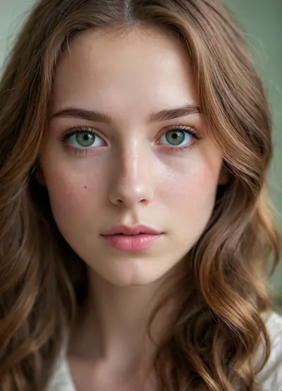 (masterpiece, best quality, photorealistic, ultra-detailed, highres, soft cinematic lighting), 1girl, 18 y.o., French, close-up face, centered in frame, looking directly forward, calm confident expression, long wavy chestnut hair with soft curls, emerald green eyes, fair skin with delicate freckles, high cheekbones, full lips with natural pink hue, symmetrical face, soft blurred neutral background, no tattoos, no makeup, <lora:add-detail-xl:2>