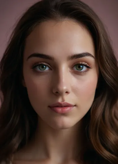 (masterpiece, best quality, photorealistic, ultra-detailed, highres, soft lighting), 1girl, 18 y.o., Austrian, rectangular face with defined features, thick straight eyebrows, almond-shaped hazel-green eyes with long eyelashes, straight nose with delicate tip, plump glossy lips with soft pink hue, high cheekbones, prominent chin, smooth fair skin with light blush, no freckles, straight white teeth, subtle makeup with smoky eyeshadow, centered face, symmetrical, sultry gaze, long wavy chestnut hair framing face, in a softly blurred gradient background, <lora:add-detail-xl:2>