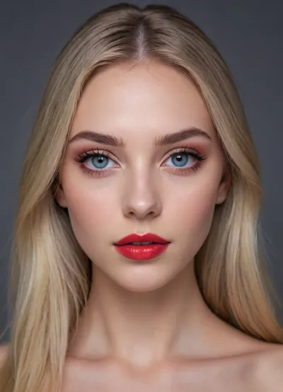 (masterpiece, best quality, photorealistic, ultra-detailed, highres, soft lighting), 1girl, 18 y.o., Estonian, slightly elongated face with refined features, thin straight eyebrows, oval grey-blue eyes with long eyelashes, straight nose with delicate tip, very plump glossy lips with red hue, prominent cheekbones, soft chin, pale skin with light blush, no freckles, straight white teeth, bold makeup with smoky eyeshadow and bright lipstick, centered face, symmetrical, teasing glance, long straight ash blonde hair framing face, in a softly blurred gradient background, <lora:add-detail-xl:2>