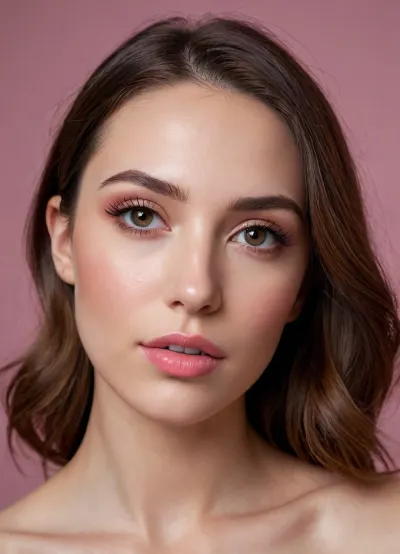 (masterpiece, best quality, photorealistic, ultra-detailed, highres, soft lighting), 1girl, 18 y.o., Slovak, heart-shaped face with soft features, thick arched eyebrows, large dark brown eyes with long thick eyelashes, small upturned nose, very plump glossy lips with pink hue, high cheekbones, soft round chin, smooth fair skin with peach undertone, few faint freckles on nose, straight white teeth, bold makeup with winged eyeliner and glossy lipstick, centered face, symmetrical, sultry parted lips, shoulder-length wavy chestnut hair framing face, in a softly blurred gradient background, <lora:add-detail-xl:2>