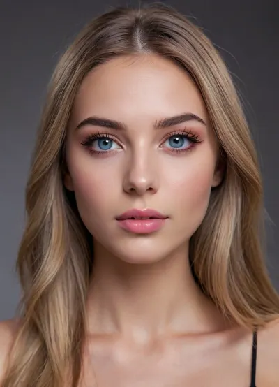 (masterpiece, best quality, photorealistic, ultra-detailed, highres, soft lighting), 1girl, 18 y.o., Bosnian, slightly elongated face with expressive features, thin straight eyebrows, oval blue eyes with long eyelashes, small straight nose, very plump glossy lips with pink hue, prominent cheekbones, soft chin, smooth fair skin with light blush, single mole on cheek, straight white teeth, bold makeup with smoky eyeshadow and glossy lipstick, centered face, symmetrical, teasing glance, long straight dark blonde hair framing face, in a softly blurred gradient background, <lora:add-detail-xl:2>