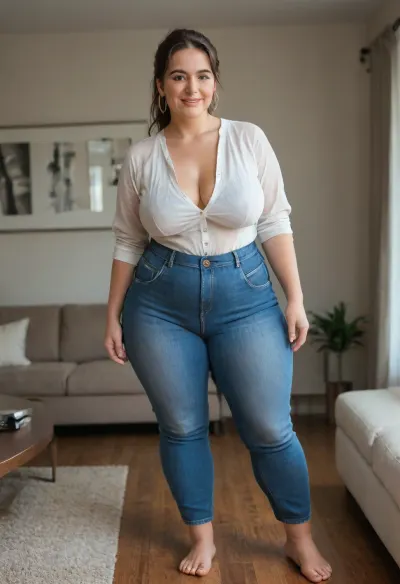 50 year old mature MILF, obese, standing in a modern living room, (small, not tall), (wide hips), (thick thighs), brunette hair with gray highlights, ponytail, chubby round face, strong nose, shy smile, unexpected camera, (capturing full body, surprised expression), hoop earrings, best quality, photorealism, masterpiece, tight highwaist blue jeans, unbuttoned white blouse, sagging, (FUPA), cameltoe, big ass