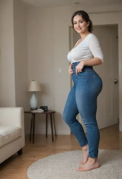 1/4 side view, 50 year old mature MILF, standing in a modern living room, (small, not tall), (wide hips), (thick thighs), brunette hair with gray highlights, ponytail, chubby round face, strong nose, shy smile, unexpected camera, (capturing full body, surprised expression), hoop earrings, best quality, photorealism, masterpiece, tight highwaist blue jeans, unbuttoned white blouse, sagging, braless, (FUPA:1.3), cameltoe, big ass, bottomheavy, big, ass, huge, gigantic, thick, thighs, massive, <lora:bottomheavy_v1_sdxl_tags:.8>