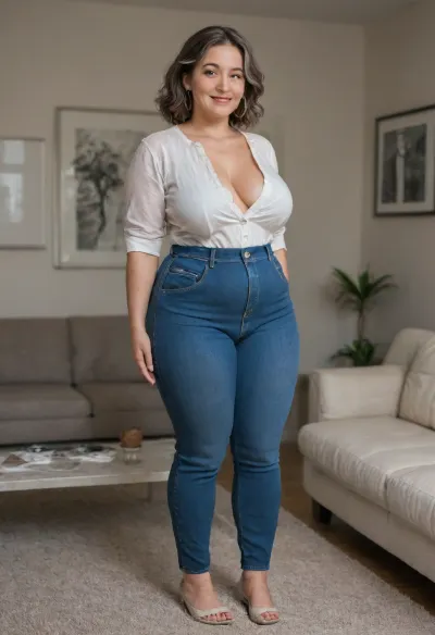 1/4 side view, 50 year old mature MILF, standing in a modern living room, (small, not tall), (wide hips), (thick thighs), brunette hair with gray highlights, chubby round face, strong nose, shy smile, unexpected camera, (capturing full body, surprised expression), hoop earrings, best quality, photorealism, masterpiece, tight highwaist blue jeans, unbuttoned white blouse, sagging, braless, (FUPA:1.3), cameltoe, big ass, bottomheavy, big, ass, huge, gigantic, thick, thighs, massive, <lora:bottomheavy_v1_sdxl_tags:1.3>