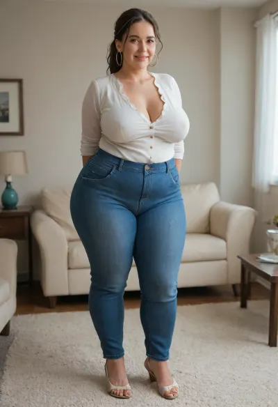 50 year old mature MILF, obese, standing in a modern living room, (small, not tall), (wide hips), (thick thighs), brunette hair with gray highlights, ponytail, chubby round face, strong nose, shy smile, unexpected camera, (capturing full body, surprised expression), hoop earrings, best quality, photorealism, masterpiece, tight highwaist blue jeans, unbuttoned white blouse, sagging, braless, (FUPA), cameltoe, big ass