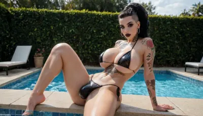 Pale tattooed goth shemale in a pool wearing a tiny bikini with huge breasts and a thick body, penis bulge, Trfut, flac-futa, flac-penis, photo, artwork, <lora:bulgev1-beta:.8>, <lora:SDXLlora4flFut-000014:.8>