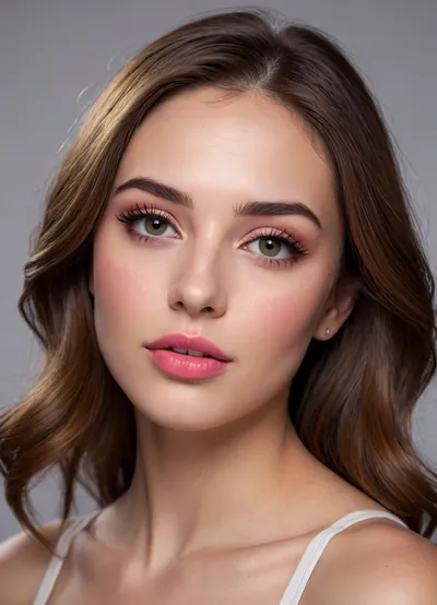 (masterpiece, best quality, photorealistic, ultra-detailed, highres, soft lighting), 1girl, 18 y.o., Macedonian, heart-shaped face with refined features, thick arched eyebrows, large hazel-green eyes with long thick eyelashes, straight nose with delicate tip, very plump glossy lips with bright pink hue, high cheekbones, soft chin, smooth olive skin with warm undertone, few faint freckles on nose, straight white teeth, bold makeup with winged eyeliner and bright lipstick, centered face, symmetrical, sultry parted lips, shoulder-length wavy auburn hair framing face, in a softly blurred gradient background, <lora:add-detail-xl:2>