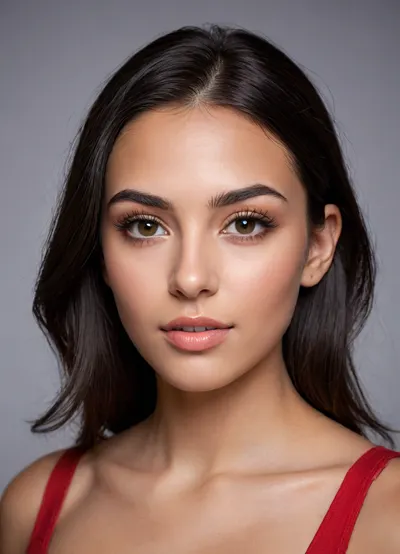 (masterpiece, best quality, photorealistic, ultra-detailed, highres, soft lighting), 1girl, 18 y.o., Croatian, oval face with expressive features, thick arched eyebrows, almond-shaped hazel-green eyes with long eyelashes, straight nose with delicate tip, plump glossy lips with bright red hue, high cheekbones, slightly pointed chin, smooth olive skin with warm undertone, single mole under eye, straight white teeth, subtle makeup with smoky eyeshadow, centered face, symmetrical, sultry gaze, long wavy black hair framing face, in a softly blurred gradient background, <lora:add-detail-xl:2>