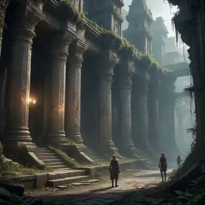 A dark fantasy dystopian scene with a highly detailed and atmospheric environment. The world is ruined yet magical — overgrown ruins, polluted with glowing anomalies, twisted nature, and remnants of lost civilizations. The light is dim or unnatural, casting eerie shadows. Creatures and characters are mystical but scarred by the harsh world — hybrids, beast-like beings, elves, or fairies with a dangerous or wild edge. The art style combines cyberpunk elements with medieval fantasy, featuring muted colors, metallic textures, glowing runes, and post-apocalyptic flora. Emphasize mystery, decay, and hidden ancient power.