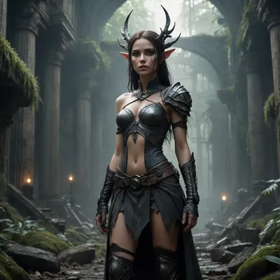 A dark fantasy dystopian scene with a highly detailed and atmospheric environment. The world is ruined yet magical — overgrown ruins, polluted with glowing anomalies, twisted nature, and remnants of lost civilizations. The light is dim or unnatural, casting eerie shadows. Creatures and characters are mystical but scarred by the harsh world — hybrids, beast-like beings, elves, or fairies with a dangerous or wild edge. The art style combines cyberpunk elements with medieval fantasy, featuring muted colors, metallic textures, glowing runes, and post-apocalyptic flora. Emphasize mystery, decay, and hidden ancient power., <lora:274730_training_data:1.8>