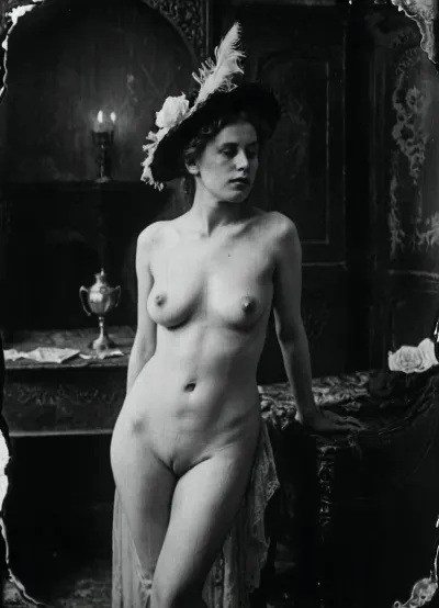 victorian era prostitute, victorian london, 1800s, young victorian prostitute, nude, black and white, film grain, vintage photograph, damaged film, victorian, fdec, <lora:fdec:.8>