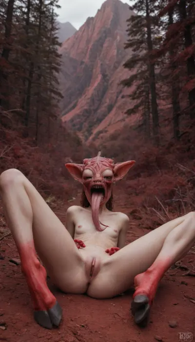 20000195.4, (((light red skin), alien girl, skinny wet skin, fleshy tail, beautiful face)), ((((pussy presentation:1.5)))), (rearview:.001), (high red mountains:1.5), (red forest:1.5), (instead of feet hooves:1.5), ((((hands-snags:1.5), (big head:1.2), (sharp teeth:1.3), (open mouth:1.3), (long tongue:1.3), spread legs, (pussy gap:1.9)))), alien man