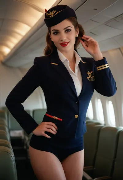 Russian girl, beautiful young female flight attendant, (smile), (looking at viewer), perfect body, perfect round ass, ((bend over a seat)), ((18 years old)), beauty, ((skinny)), detail skin, ((long legs)), stockings, face, pretty face, young, ((young face)), black ponytail, red lips, (((plump lips))), perfect ears, perfect hands, makeup, (((flight attendant jacket))), (((short flight attendant skirt:1.2))), (((flight attendant hat))), no bra, cleavage, big tits, green big eyes, pearl earrings, black panties, (ring), (surprised), in airplane cabin, detailled eyes, photography, highly detailed, sharp focus, studio photo, intricate details