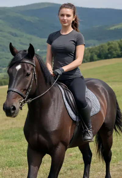 (masterpiece, best quality:1.2), 1 czech 30yo woman, black jodhpurs, (tight anthracite t-shirt:1.4), outdoors, longest brunette hair, hair combed back, double buns, green eyes, she rides a horse on a summer bohemian low mountain ranges landscape, happy look, photorealism, r1d1ngb00ts, RiHorse, front_view, half_front_view, side_view, galloping, <lora:Equestrian_riding_boots_2_SDXXXL:.5>, <lora:RideHorse.0.9:.5>