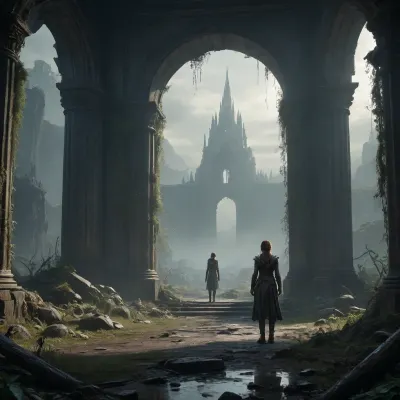 A dark fantasy dystopian scene with a highly detailed and atmospheric environment. The world is ruined yet magical — overgrown ruins, polluted with glowing anomalies, twisted nature, and remnants of lost civilizations. The light is dim or unnatural, casting eerie shadows. Creatures and characters are mystical but scarred by the harsh world — hybrids, beast-like beings, elves, or fairies with a dangerous or wild edge. The art style combines cyberpunk elements with medieval fantasy, featuring muted colors, metallic textures, glowing runes, and post-apocalyptic flora. Emphasize mystery, decay, and hidden ancient power.