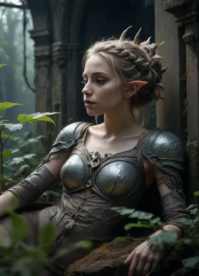 1 a 22-year-old girl is sleeping. Dark fantasy scene-dystopia with a very detailed and atmospheric environment. The world is ruined, but magical — overgrown ruins polluted with glowing anomalies, perverted nature and remnants of vanished civilizations. The light is dim or unnatural, casting eerie shadows. Creatures and characters are mystical, hybrids, animal-like creatures, elves or fairies with dangerous or wild traits. The art style combines elements of cyberpunk and medieval fantasy, featuring muted colors, metallic textures, glowing runes, and post-apocalyptic flora. Emphasize mystery, corruption, and hidden ancient power