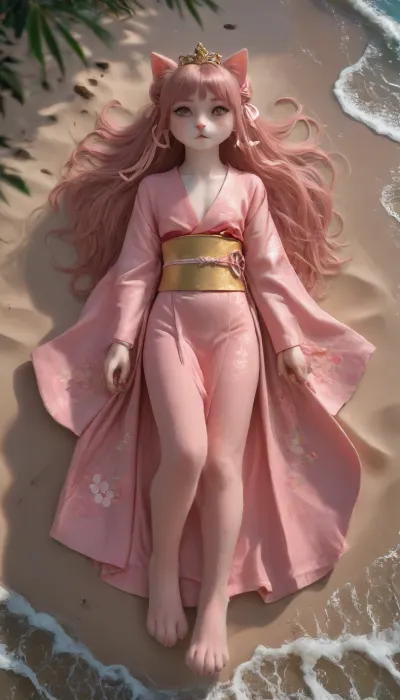 (full body), (furry feline female girl, feline_hybrid, pink fur body, pink cat's head, pink cattail, pink catpaws, pink eyes), (hands are catpaws, flat-chested), (lots of pink freckles on her face), ((longhair)), (pink nails), pink ribbon, (golden tiara), ((wide rosa hime-Kimono)), beach, sand, (night, dimmed lights:1), (((lying on her back, lying flat))), 1girl, ornament, obi, yellow, bow, furisode, wide, sleeves, long, <lora:kaga_ny_animaginexl_2-14:.8>, Anthro, (animal), girl, Furry, Body, covered, with, fur, skin, <lora:463258_training_data:.8>