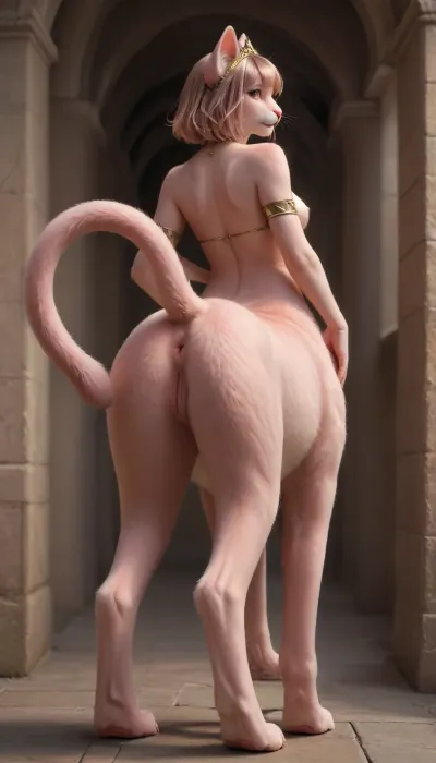 (full body), 1girl, ((pink furry feline female girl, complete pink fur body, pink ears, pink eyes, humantaur, four, legs, feet, flat_breasts)), petite, small, show her exposed soullady vulva, ((((from behind)))), feline_hybrid, furry, Look at the viewer, ((gold tiara, r)), juunihitoe, <lora:humantaurs_02_20_merge_sdxl:.8>, <lora:Realistic_Feline_Hybrids:.8>, <lora:Juunihitoe_TrueXL-000013:1.7>
