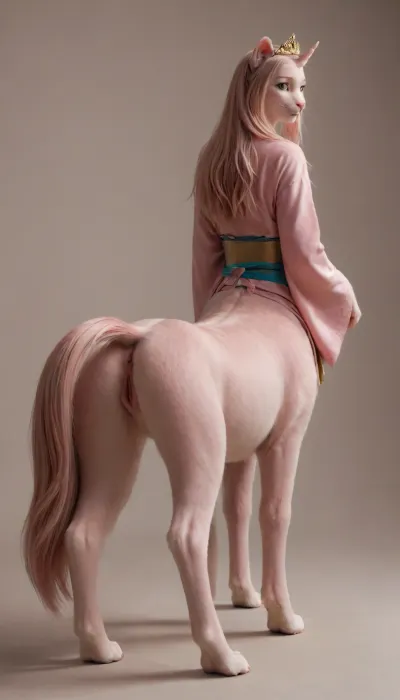 (full body), 1girl, ((furry feline female girl, complete pink fur body, pink ears, pink eyes, humantaur, four, legs, feet, (flat-breasted))), petite, small, <lora:humantaurs_02_20_merge_sdxl:.8>, ((((from behind)))), feline_hybrid, furry, Look at the viewer, ((gold tiara)), <lora:Realistic_Feline_Hybrids:.8>, ((((pink longhair)))), lacus clyne, ((pink kimono)), <lora:SDXL_LORA_CHARACTER_LACUS CLYNE_V1A:.8>, Kimono, Wide, sleeves, sash, obi, <lora:1225061_training_data:.8>, ((unicorn, show her tight vagina))