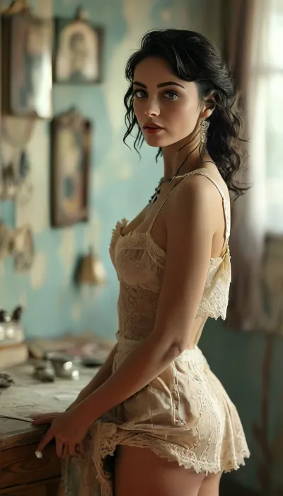 high-resolution, photorealistic image, (girlfriend), (full-body), (brunette woman), (black hair), (she's pulling her skirt up), (upskirt), (jacket unzipped), (1950s fashion), (bedroom), (muted tones), (vintage movie poster on the wall), (soft, natural lighting), (nostalgic atmosphere), (vintage 1950s look), (subdued colors), (1950s camera), (authentic details), perfect breasts, medium breasts, perfect areolas, very thin, thin arms, (((piercing in nipples))), upskirt, beautiful White sheer lace thong, in the kitchen, <lora:Midjourney Image Enhancer XL v1:.8>, <lora:MJ52:.8>
